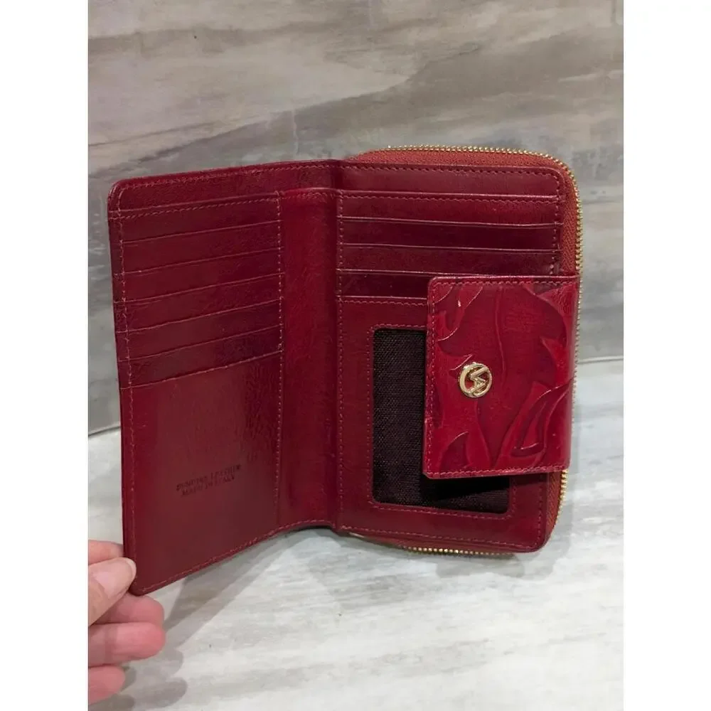Valentina Red Embossed Leather Zip Wallet with Gold in Excellent Condition!